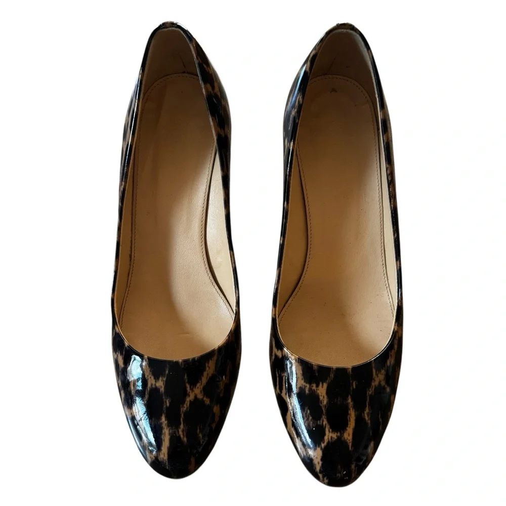 J Crew Size 7 Black/Tan Patent Leather Leopard Print Wedge Shoes Heels